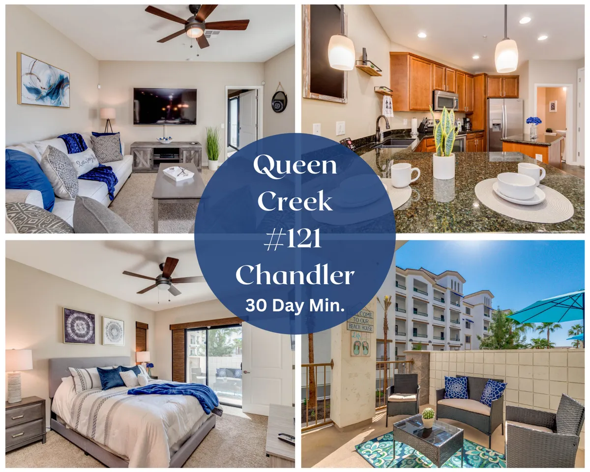 The image showcases a bright, open living space featuring a stylish living room with a large TV, a modern kitchen with granite countertops, a serene bedroom with a plush bed, and a balcony with inviting seating—perfect for enjoying Arizona sunsets.